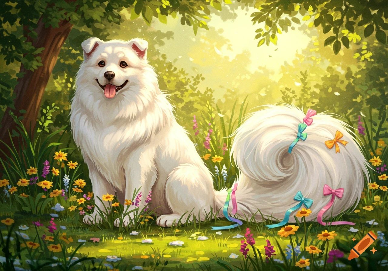 A fluffy white dog with colorful bows on its long tail sits in a vibrant, sunny forest with flowers, illustration.
