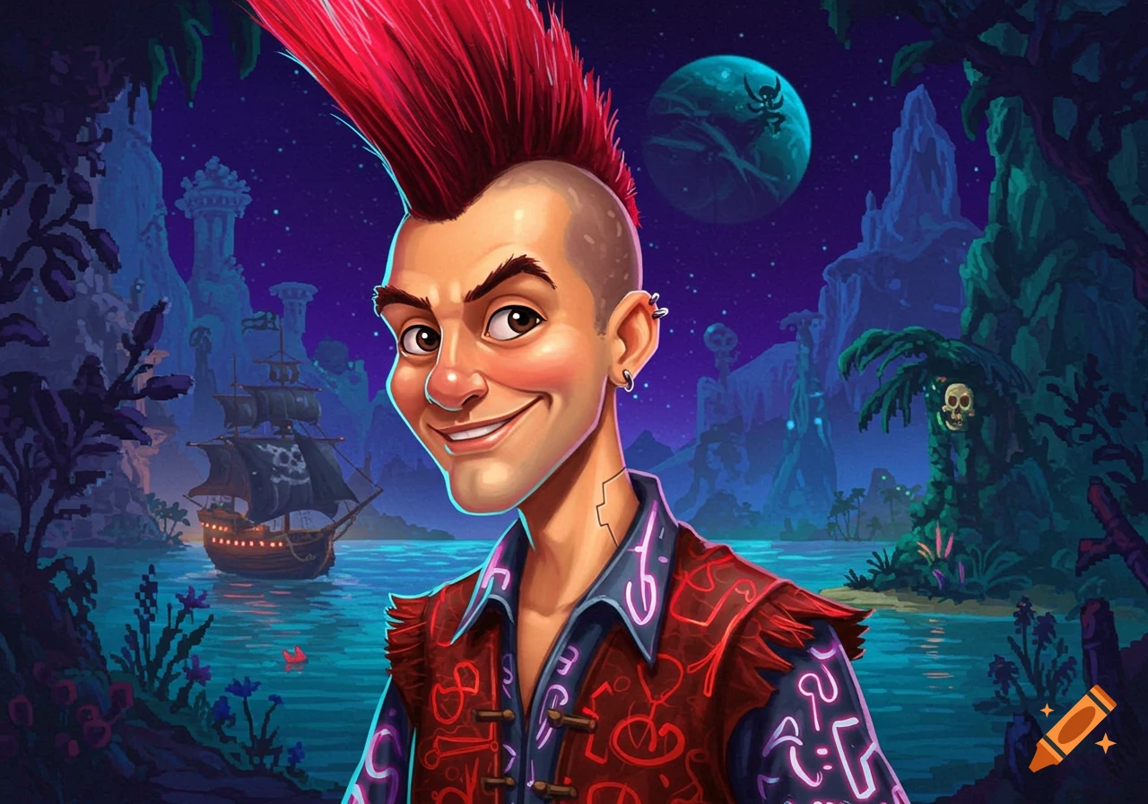 A cartoon punk character with a red mohawk smiles in a vibrant fantasy pirate bay scene at night.