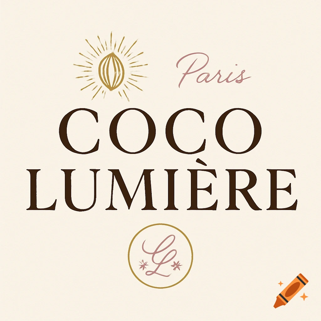 Coco Lumière logo concept with text 'Paris', 'COCO LUMIÈRE', a stylized cocoa pod, and an 'L' monogram on a cream background.
