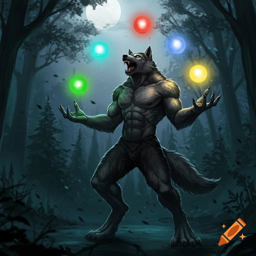 A muscular werewolf howls under a full moon in a dark forest, surrounded by four glowing magical orbs.