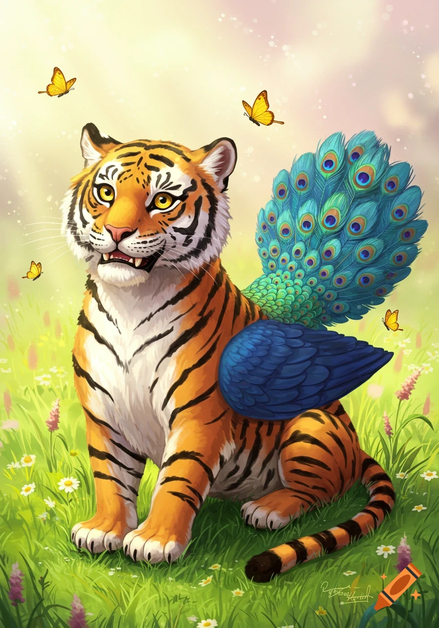 A whimsical tiger-peacock hybrid, a tiger with blue peacock wings and tail, sits in a sunny green field with butterflies and wildflowers.