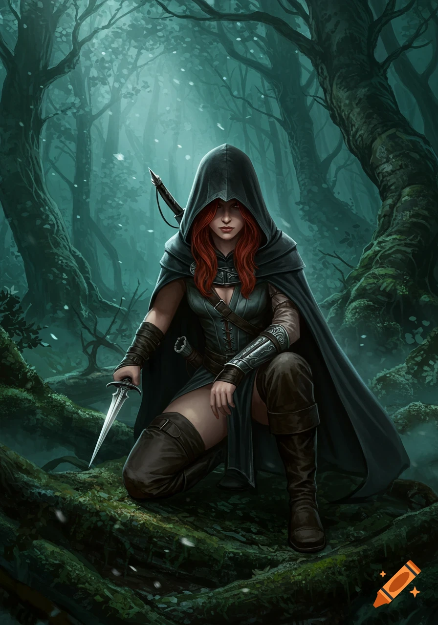 A fantasy illustration of a red-haired female assassin in a dark hooded cloak, kneeling with a dagger in a mystical forest.