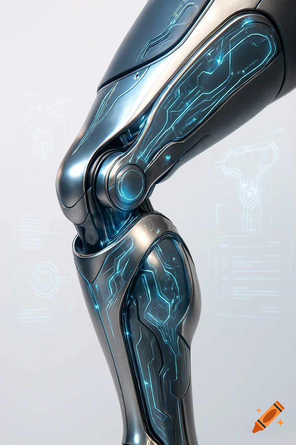 Close-up of a sleek, futuristic bionic knee prosthesis with metallic panels and glowing blue circuitry.