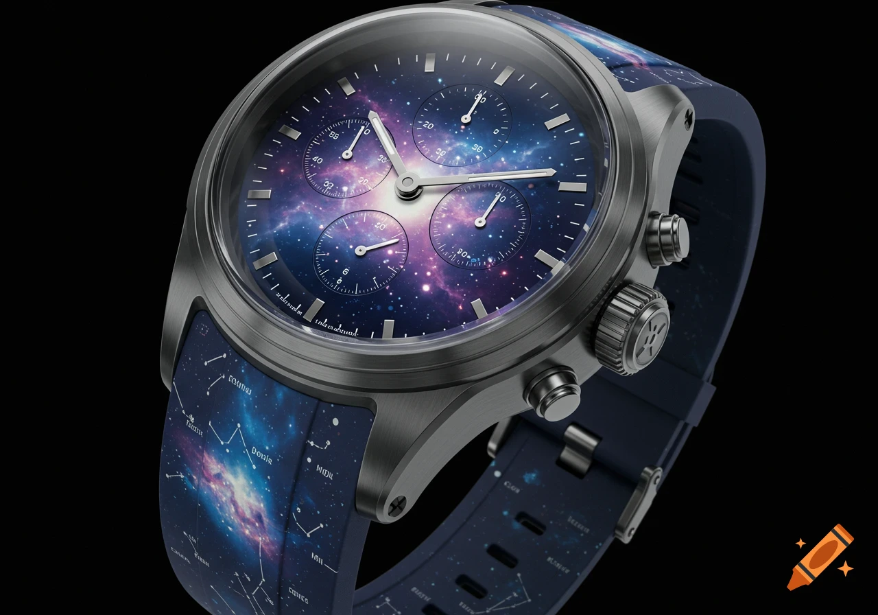 A close-up, high-quality shot of a dark-colored wristwatch with a vibrant purple and blue galaxy dial and a matching strap featuring constellation patterns on a black background.