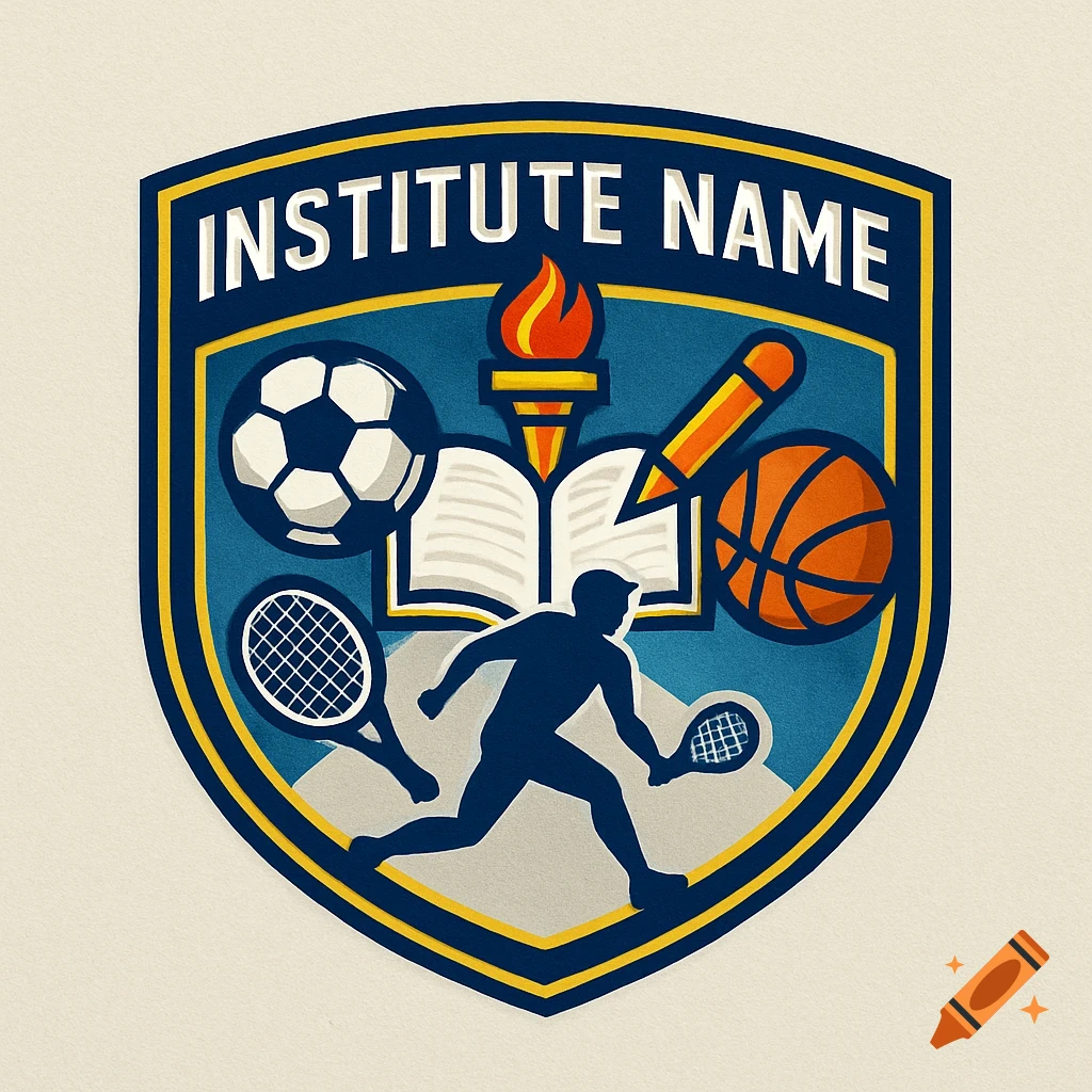 A colorful sports and education emblem for an institute, featuring a soccer ball, basketball, tennis rackets, a torch, book, pencil, and a silhouetted athlete, with 'INSTITUTE NAME' at the top.