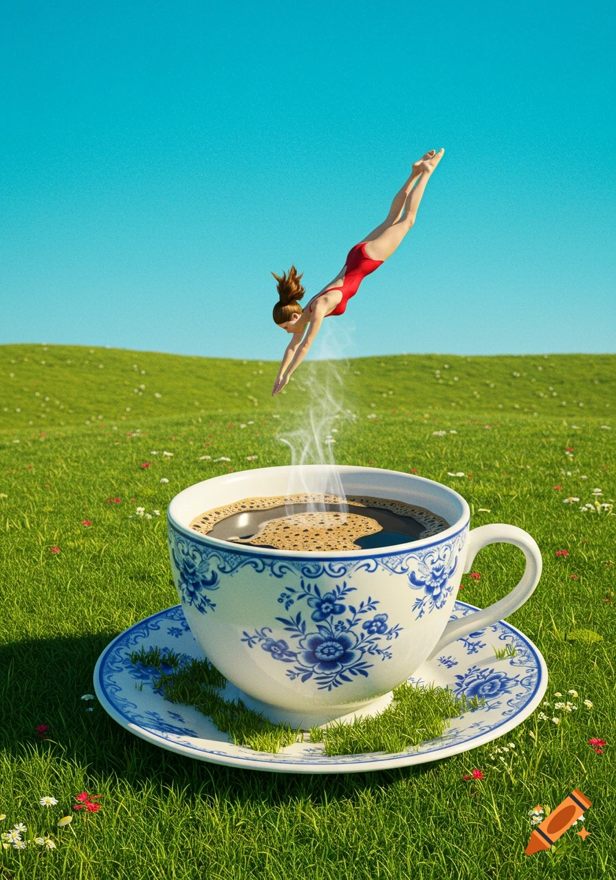 Woman in red swimsuit diving into a large steaming coffee cup on a green grassy hill under a blue sky.