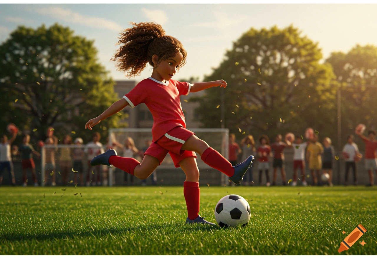 A young animated girl with curly hair in a red uniform kicks a soccer ball on a green field with spectators in the background.