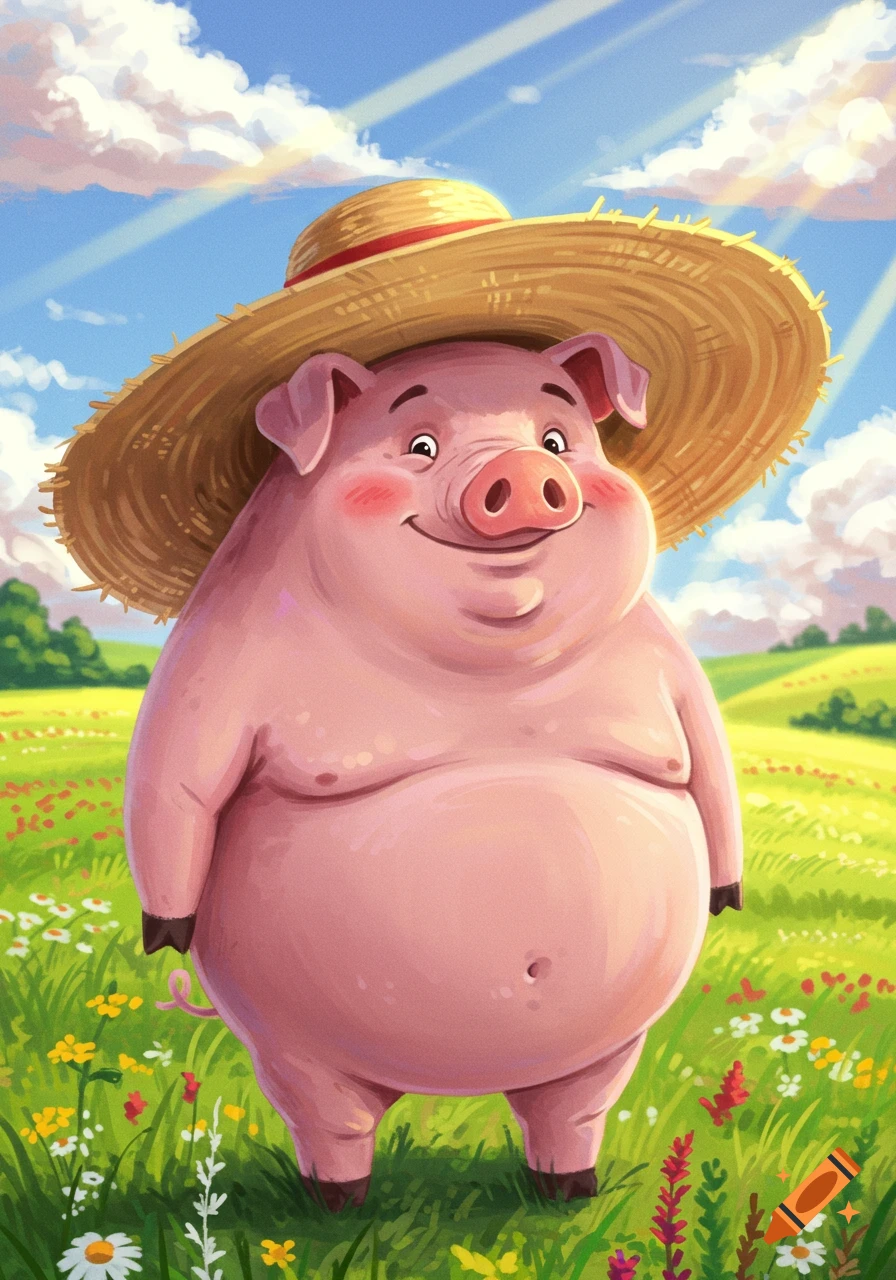 A cute, smiling cartoon pig wearing a straw hat stands in a sunny green field with colorful wildflowers.