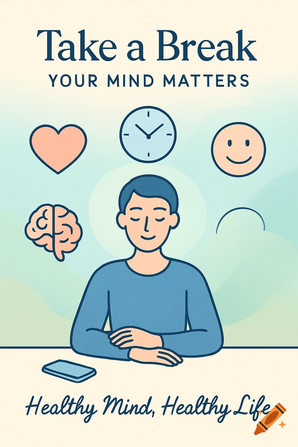 Infographic: 'Take a Break Your Mind Matters'. Person meditating with heart, brain, clock, smiley face icons. 'Healthy Mind, Healthy Life'.