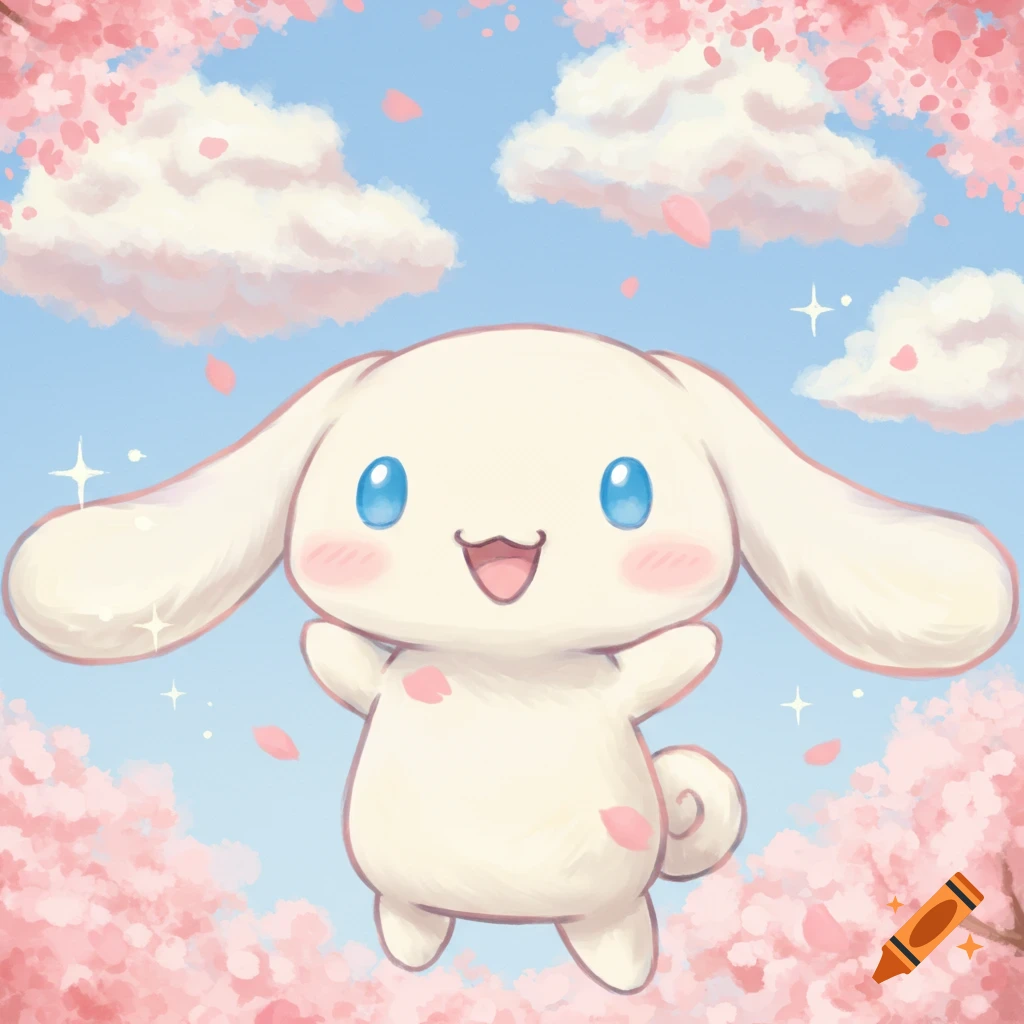 A cute, happy white Cinnamoroll-like character floats among pink cherry blossoms and white clouds in a blue sky, in a cartoony style.