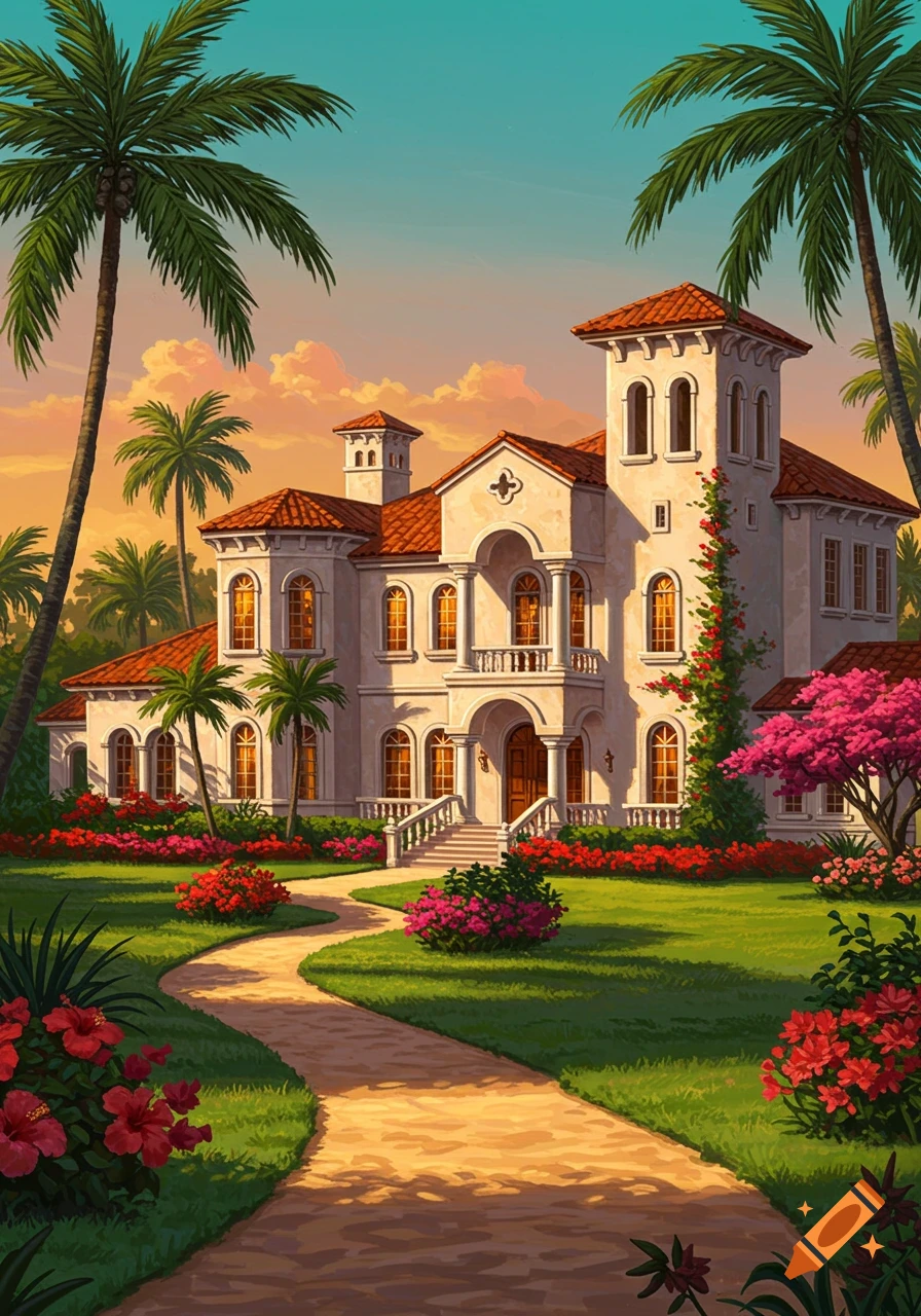 An illustrative painting of a fancy Mediterranean-style house with a red tile roof and white walls, surrounded by a lush green lawn, vibrant flowers, and tall palm trees under a colorful sunset sky.