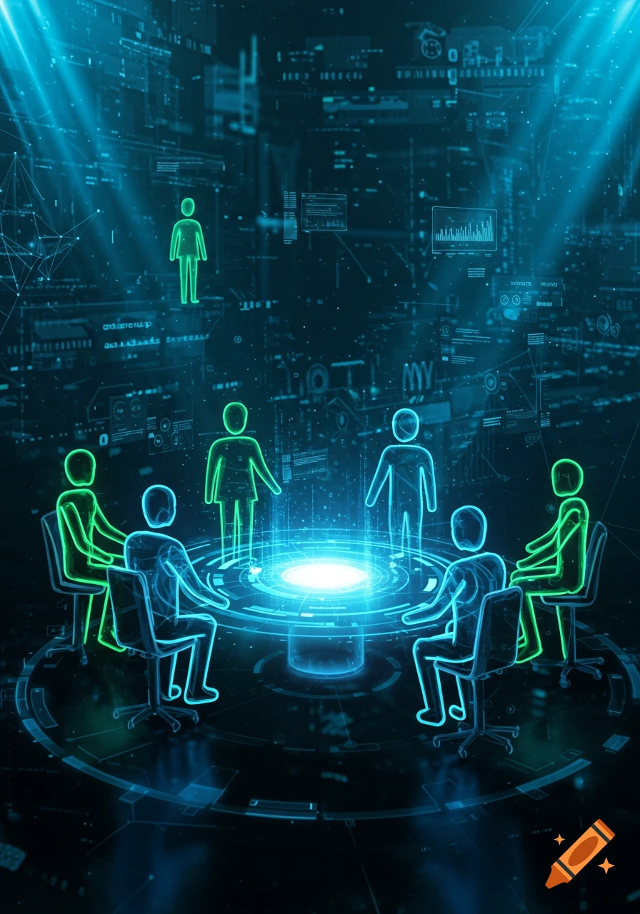 Abstract neon figures representing a team gather around a glowing digital table in a futuristic dark blue environment.