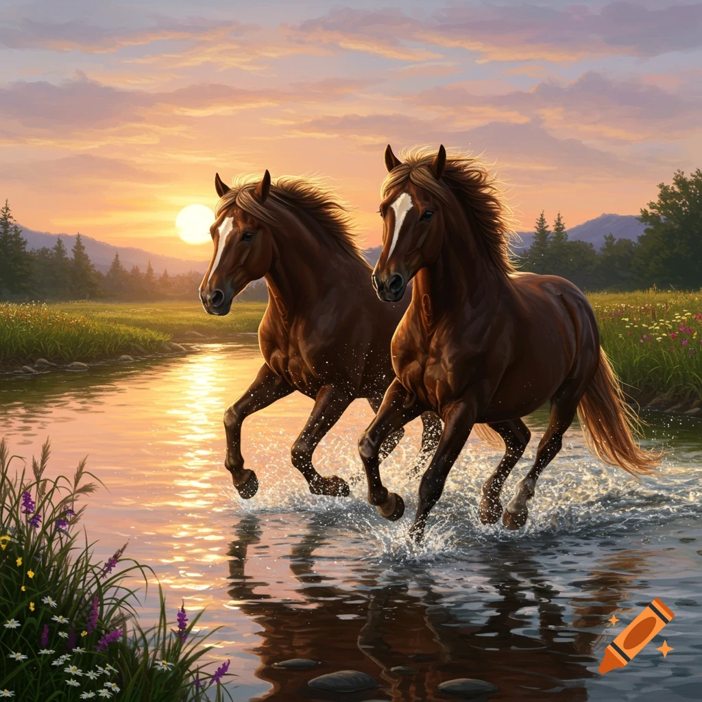 Two brown horses with white blazes gallop through a shallow river at sunset, splashing water, with lush green banks and distant mountains.