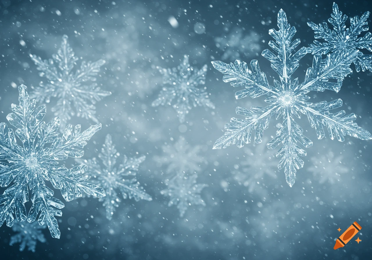 Close-up of detailed ice crystal snowflakes against a blurry blue background with falling snow.