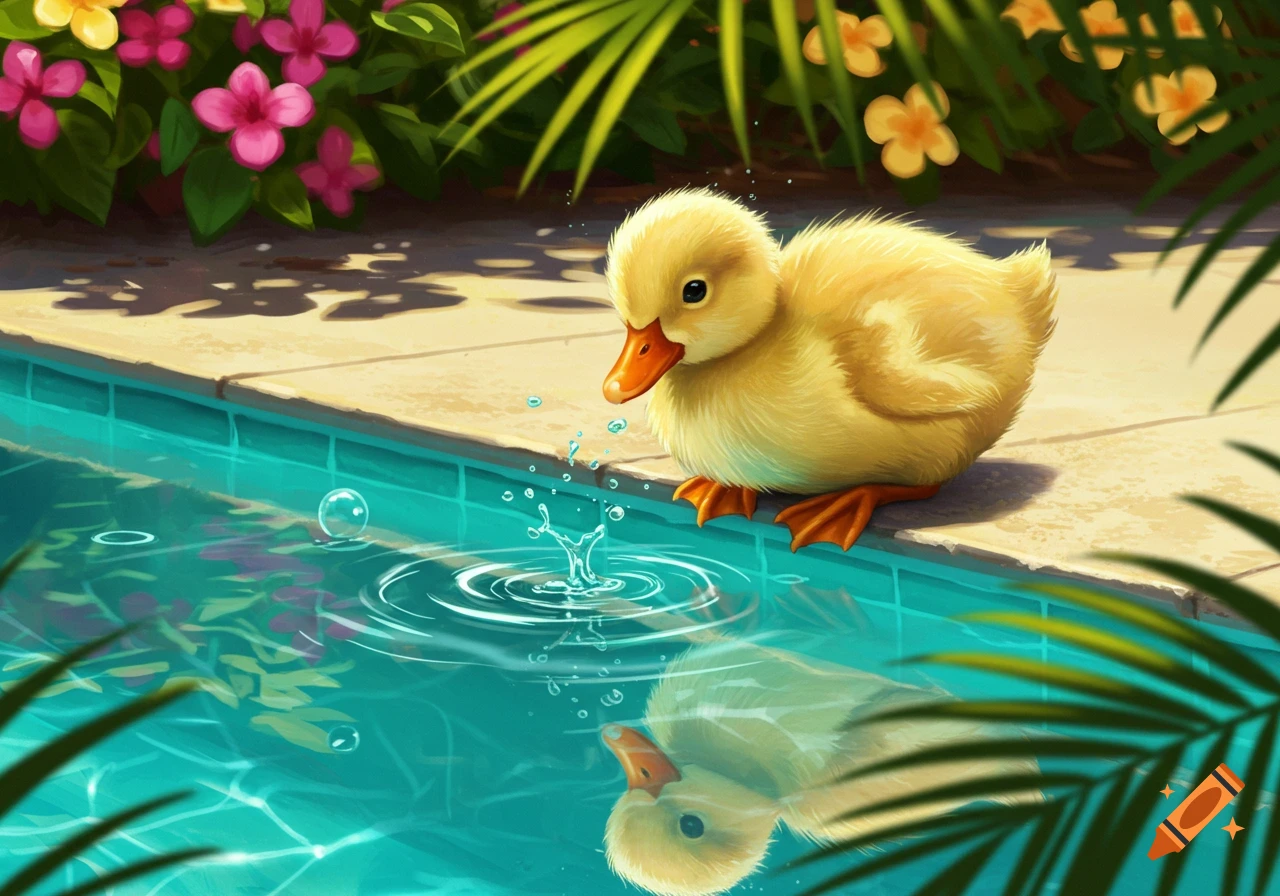 A fluffy yellow duckling sits on the edge of a bright blue swimming pool, dipping its beak in the water, surrounded by vibrant flowers and foliage in an illustrative style.