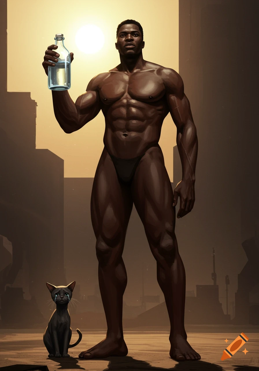 Muscular man in a speedo holding a water bottle, standing over a crying black cat under a bright sun.