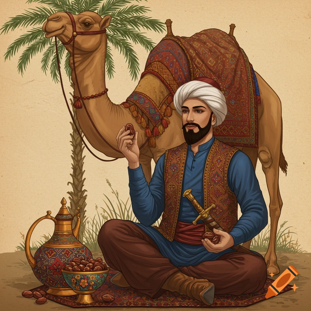 Digital painting of an Iranian man in traditional attire, holding dates, seated beside a camel and a date palm tree.