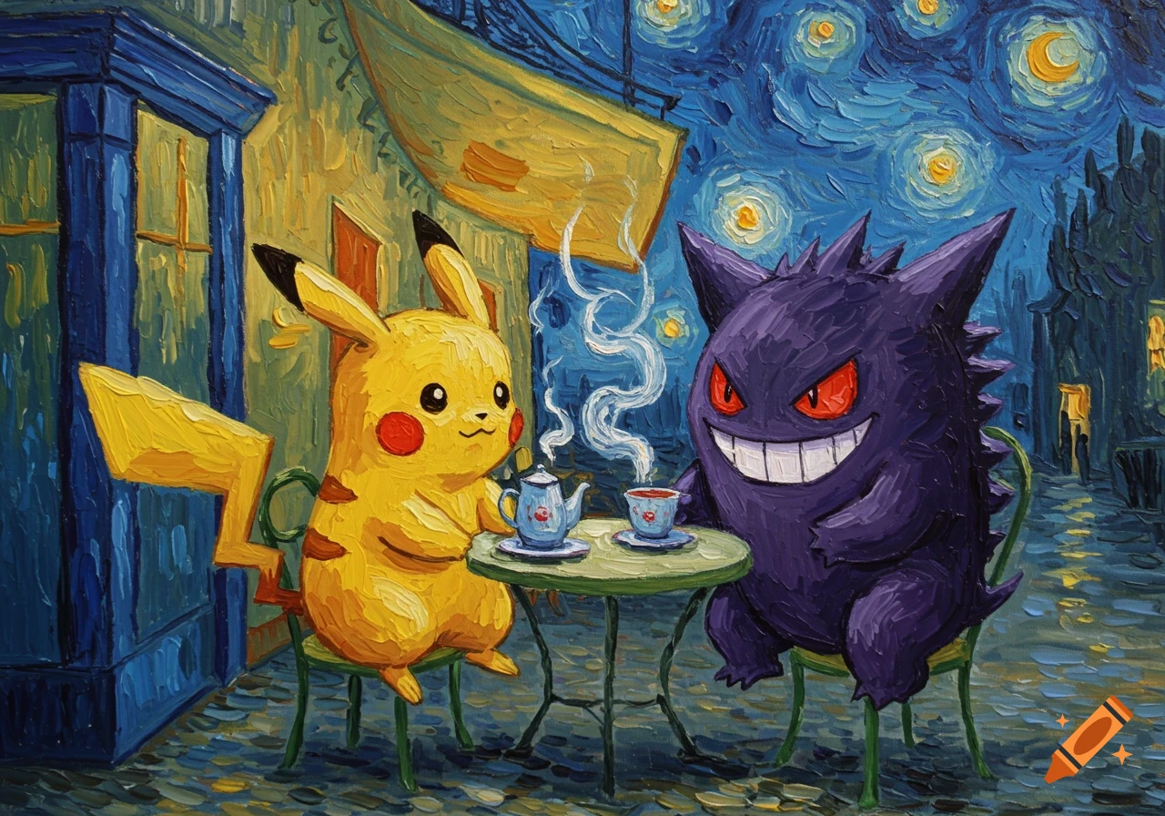 Pikachu and Gengar sit at a table having tea outside a cafe under a starry night sky, rendered in a thick impasto Van Gogh painting style.