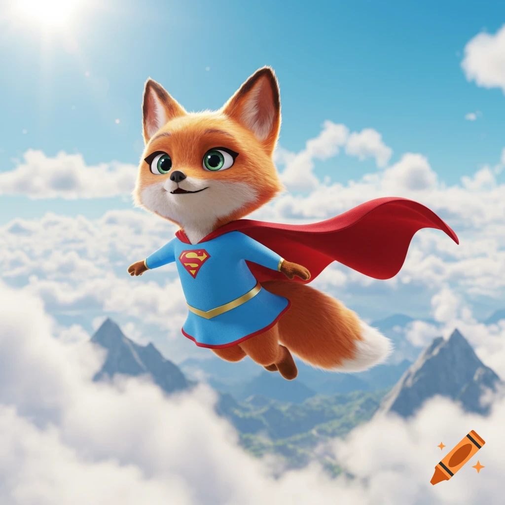 A cute 3D animated fox in a blue Supergirl outfit with a red cape flies through a bright, cloudy sky above mountains.