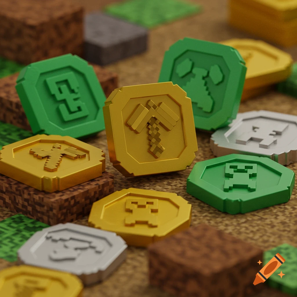 Minecraft-style golden, green, and silver pixelated coins with game symbols scattered on blocky terrain.