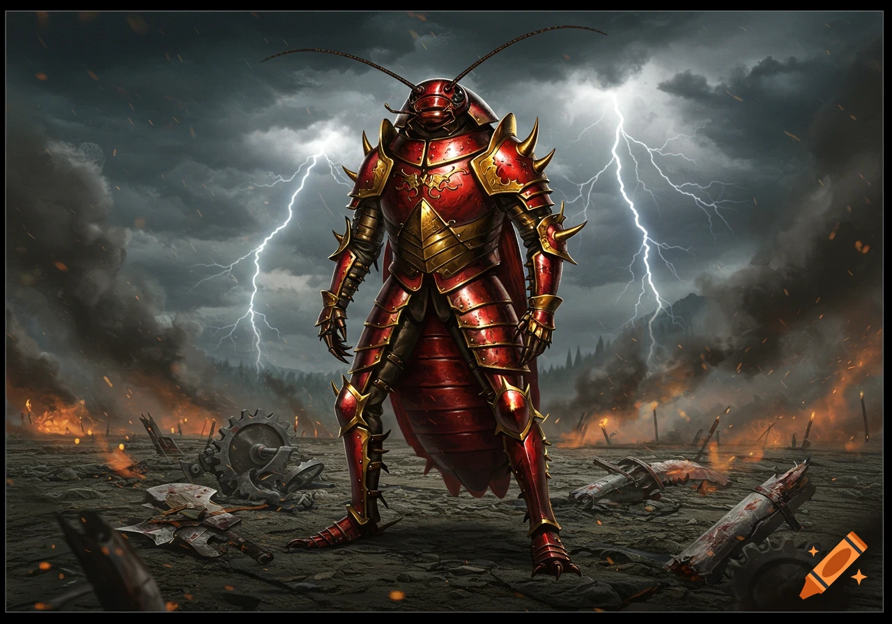 A fierce, armored cockroach warrior stands on a burning battlefield under a stormy sky with lightning.