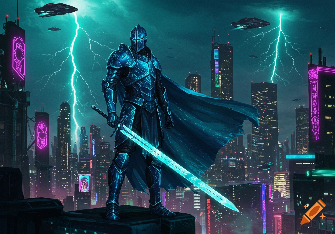 A futuristic knight in glowing blue armor stands on a rooftop with a luminous sword, overlooking a neon-lit cyberpunk city during a lightning storm.
