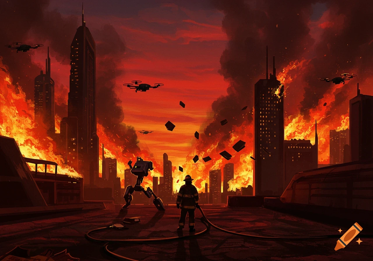 Stylized illustration of a firefighter and a robot on a rooftop overlooking a burning dystopian city under a fiery red sky, with drones.