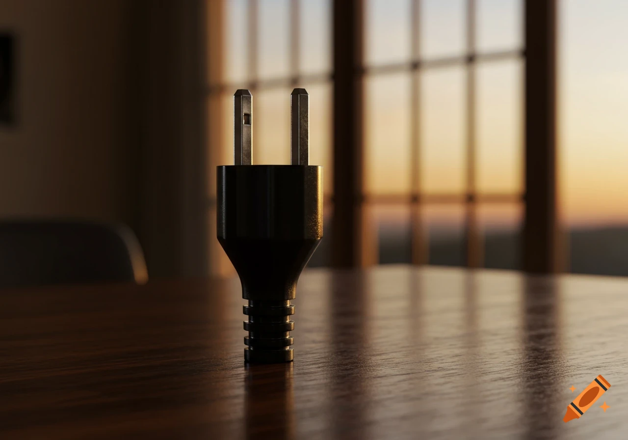 A black electrical plug stands upright on a polished wooden table, with a blurred window showing sunset light in the background.