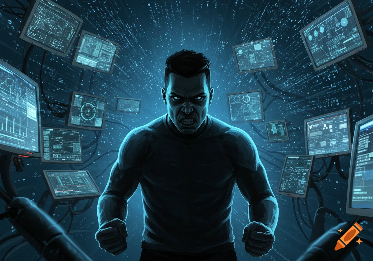 An angry man with glowing blue eyes clenches his fists amidst multiple glowing blue computer screens displaying data, in a digital art style.