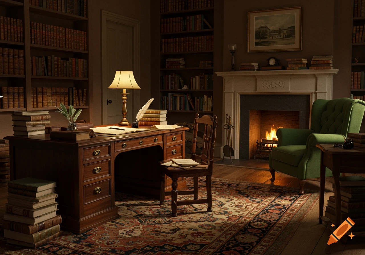 A cozy, photorealistic study room with dark wood bookshelves, a grand desk, a fireplace with a roaring fire, and a green armchair.