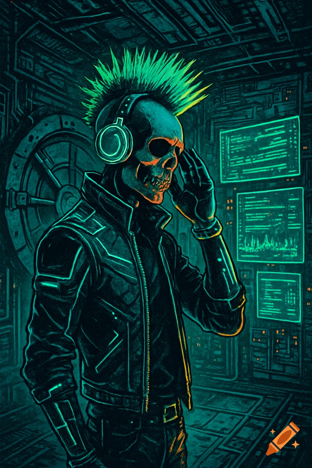 An illustration of a skull-headed man with a green punk mohawk wearing headphones and a cyberpunk jacket, posing in a glowing green futuristic vault.