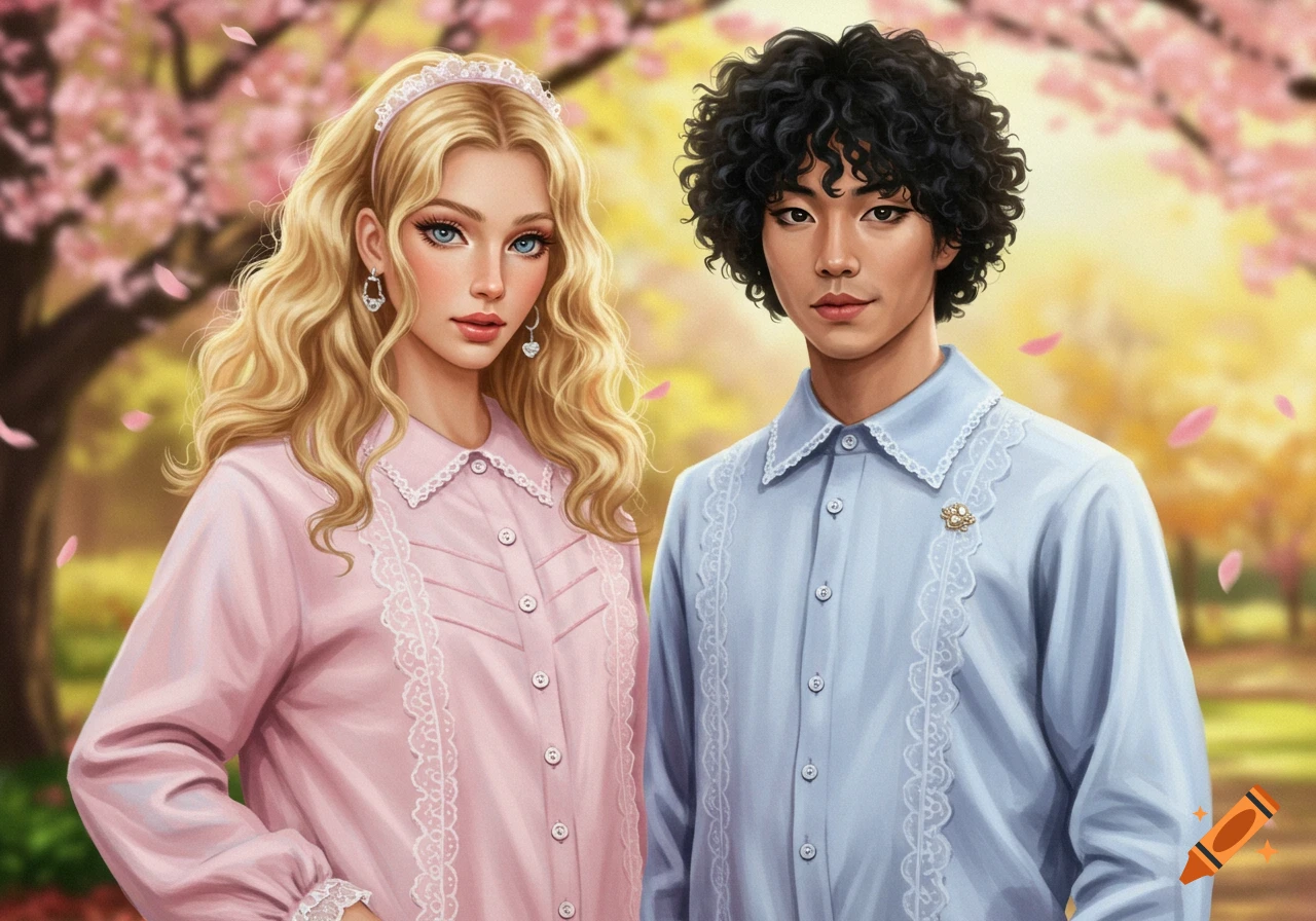 A blonde woman and an Asian man in ornate pink and blue shirts stand in a cherry blossom park, digital art style.