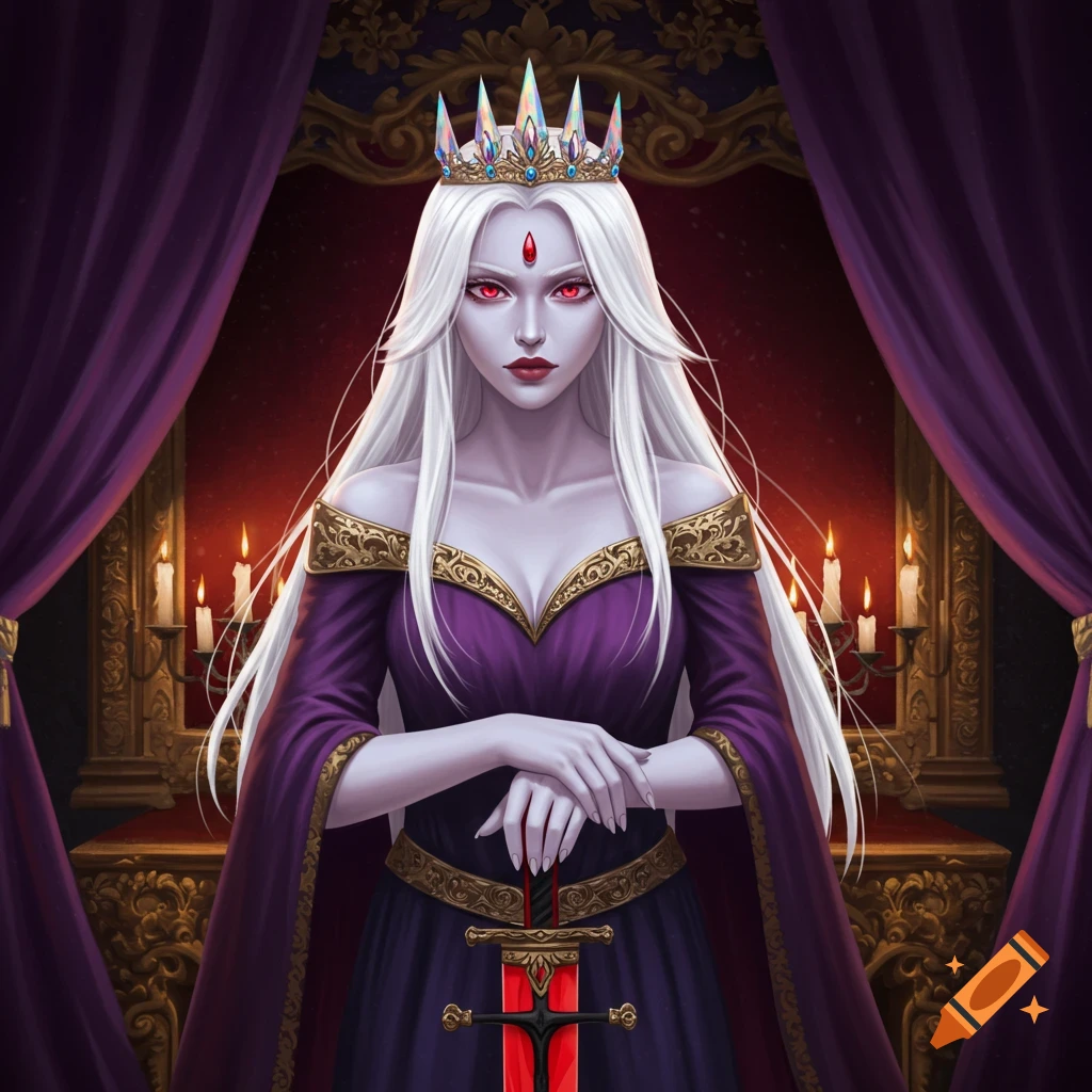 A pale-skinned queen with long white hair, red eyes, and a crown, holding a red sword in a regal purple chamber, digital art.