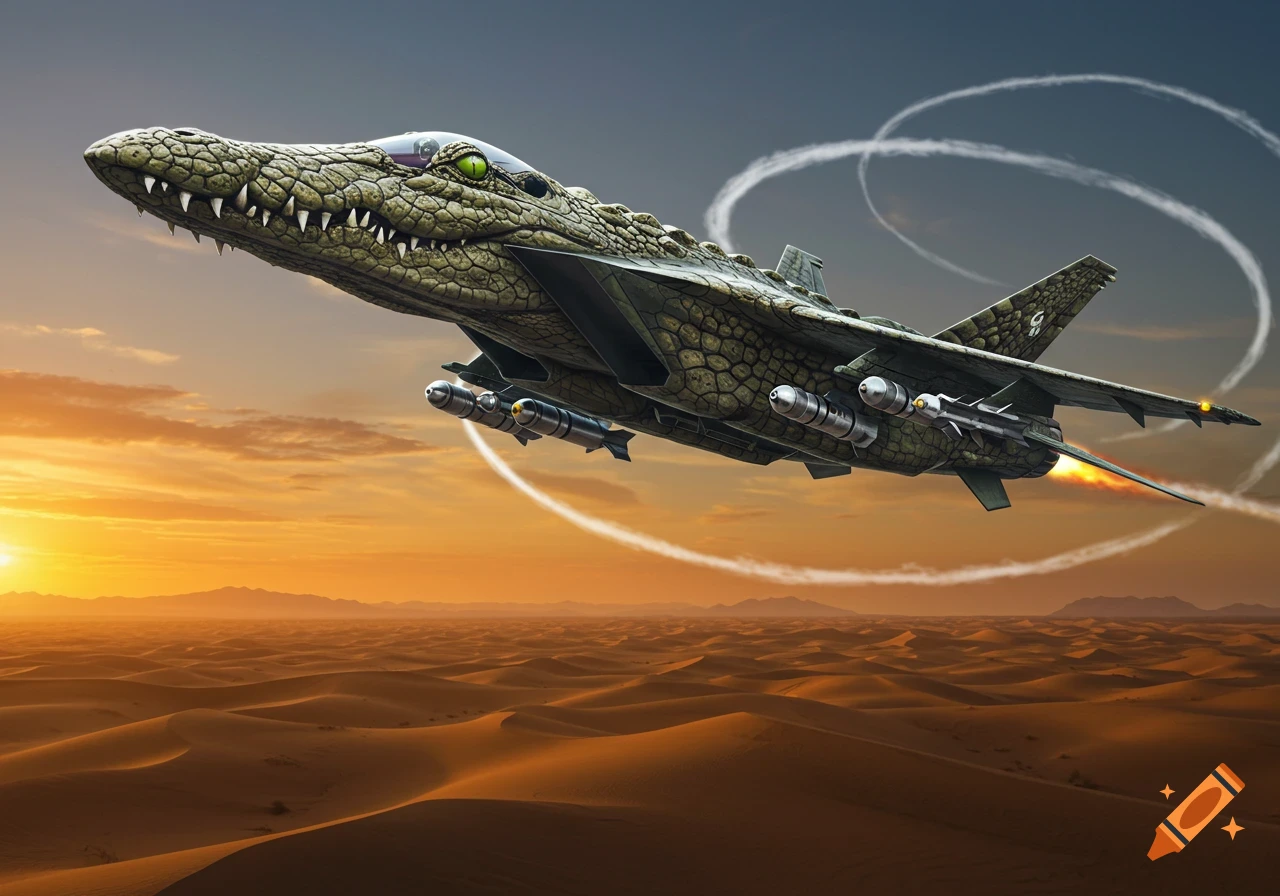 Photorealistic crocodile fighter jet with bombs flying over a desert at sunset, leaving contrails.