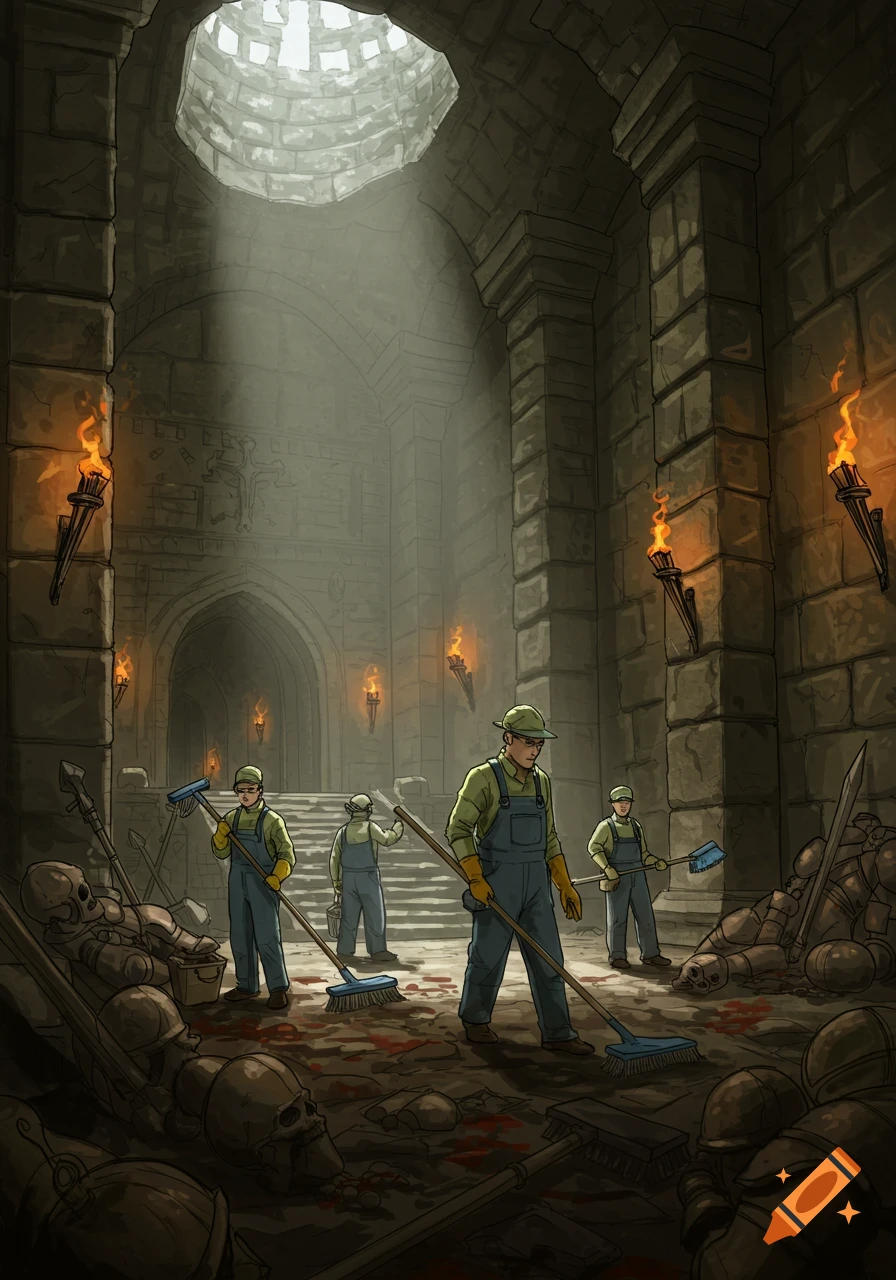 Illustration of maintenance workers cleaning up skeletal remains and armor in a torch-lit fantasy dungeon.