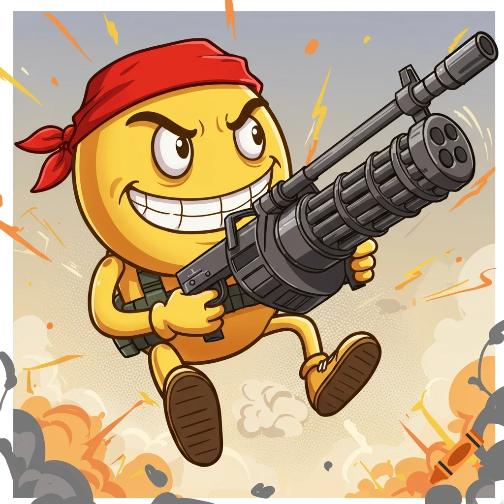 Cartoon yellow emoji wearing a red bandana, grimacing while holding a large minigun amidst explosions.