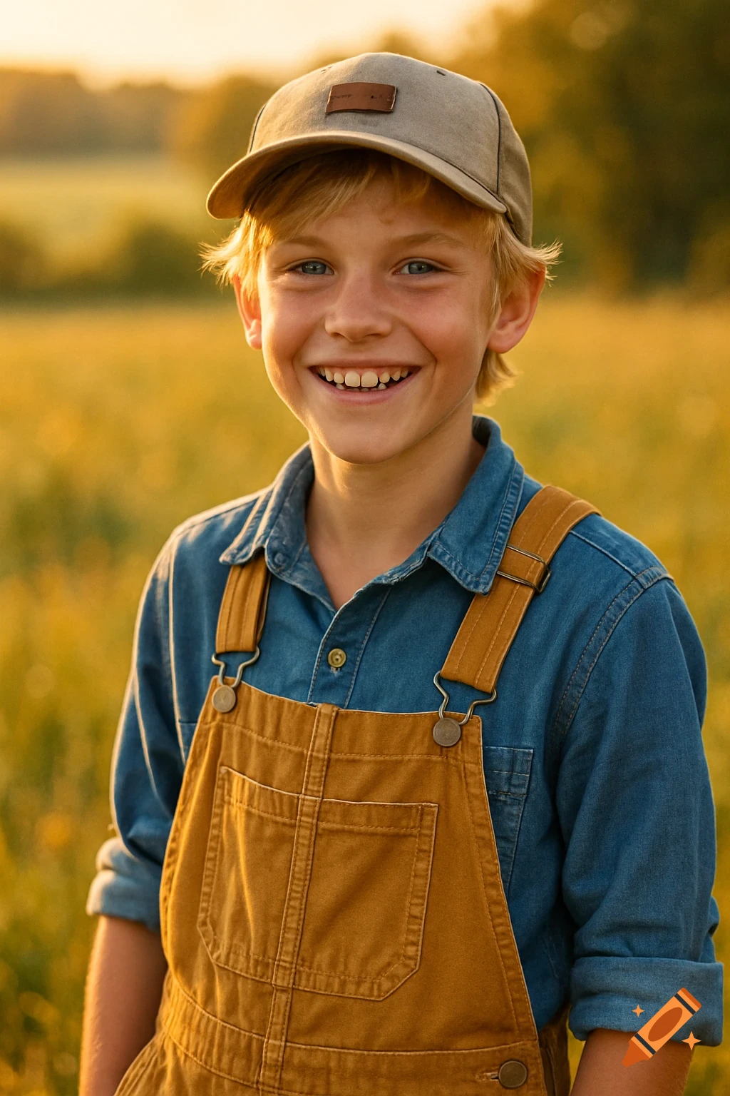 A smiling boy in a baseball cap and mustard yellow overalls stands in a sunlit field, photorealistic style.