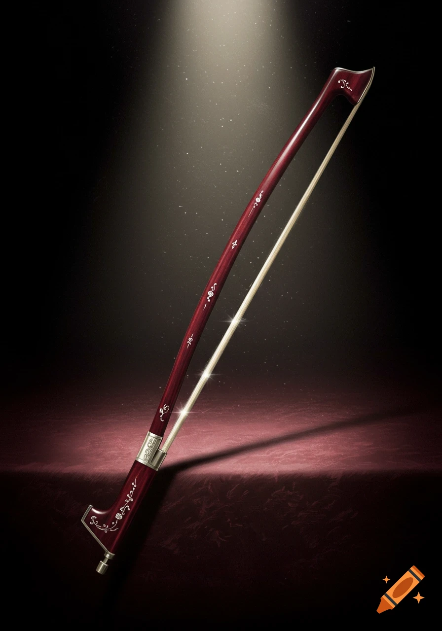 An ornate dark red violin bow with white horsehair, dramatically lit, on a textured dark red surface.