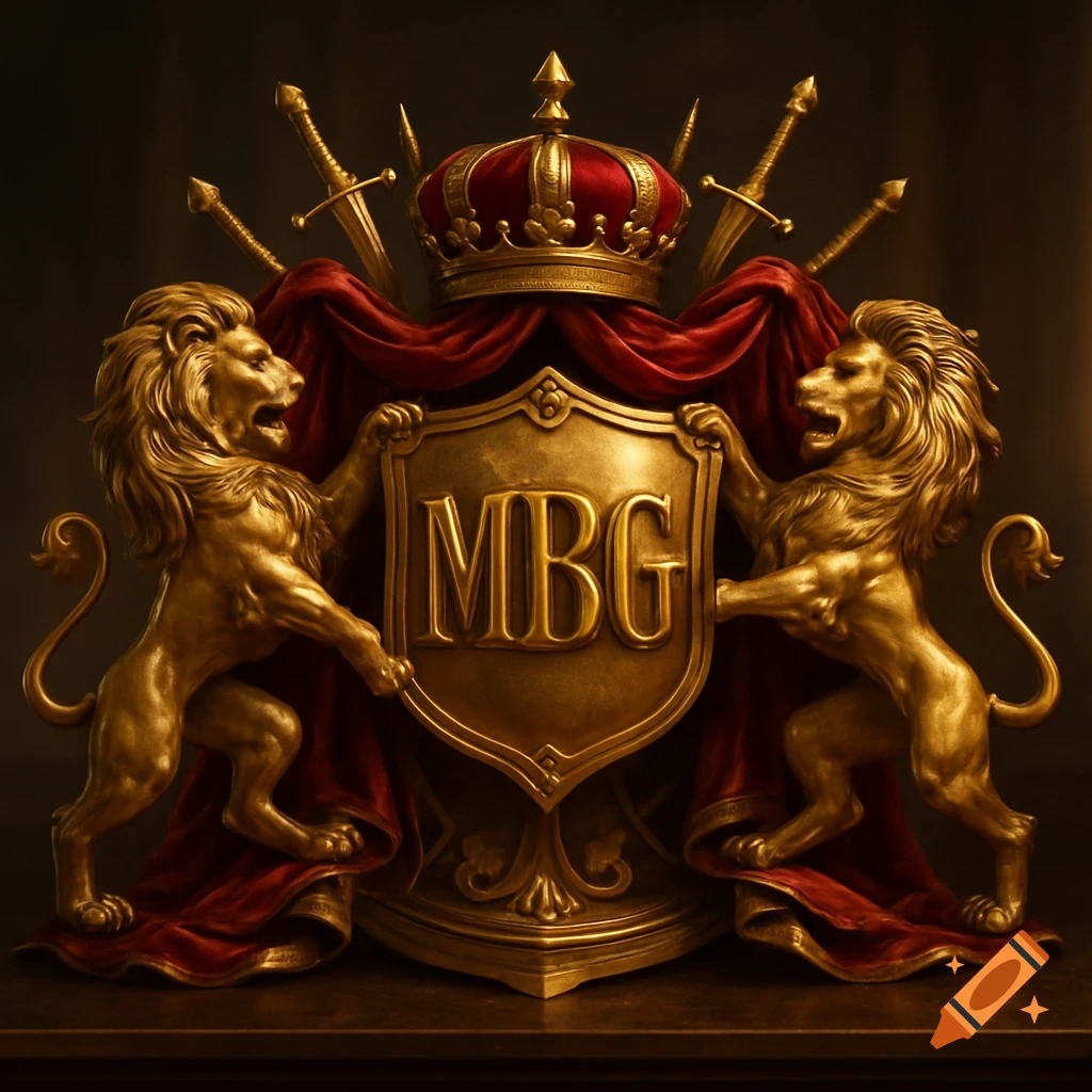 An ornate golden coat of arms featuring two rearing lions, a crowned shield with 'MBG', red drapery, and swords.