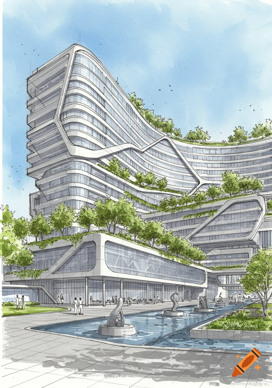 Modern architectural sketch of a curved building with green terraces, a plaza, and fountains under a blue sky.