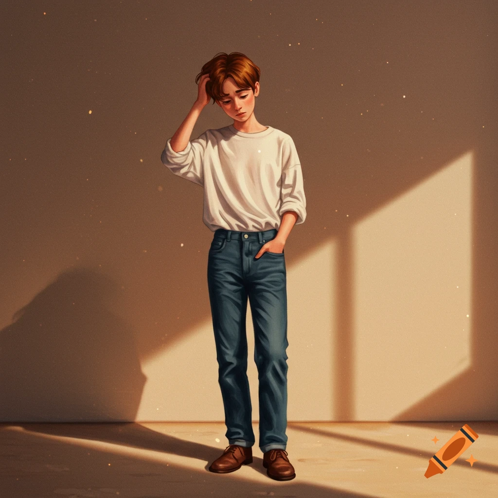 An illustrated young boy with brown hair stands thoughtfully, hand on his head, in a sunlit room.