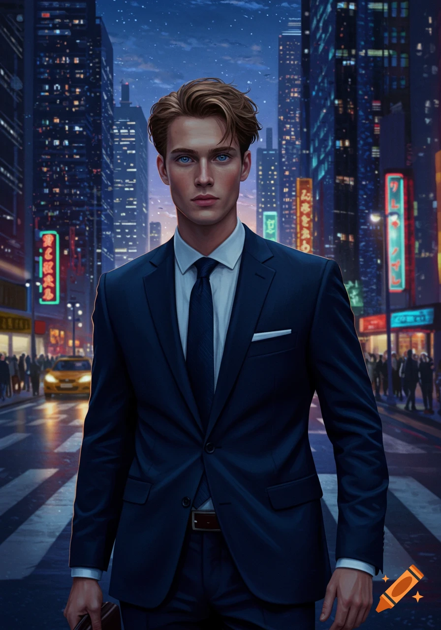 A stylized man with blue eyes and brown hair, dressed in a dark suit and tie, stands on a city street at dusk, with neon lights and skyscrapers in the background.
