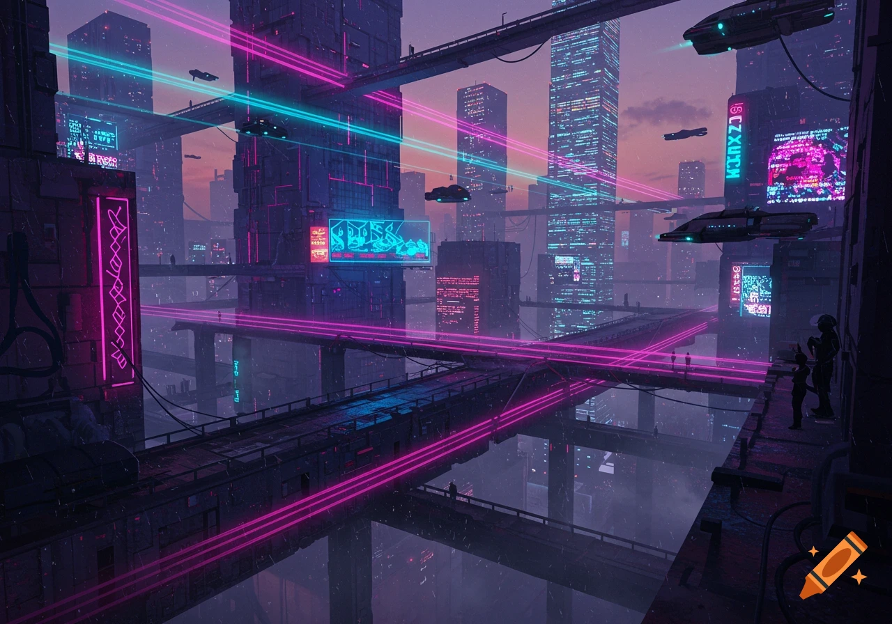 A dark cyberpunk city at dusk with neon pink and blue lights, flying vehicles, and multi-layered bridges.