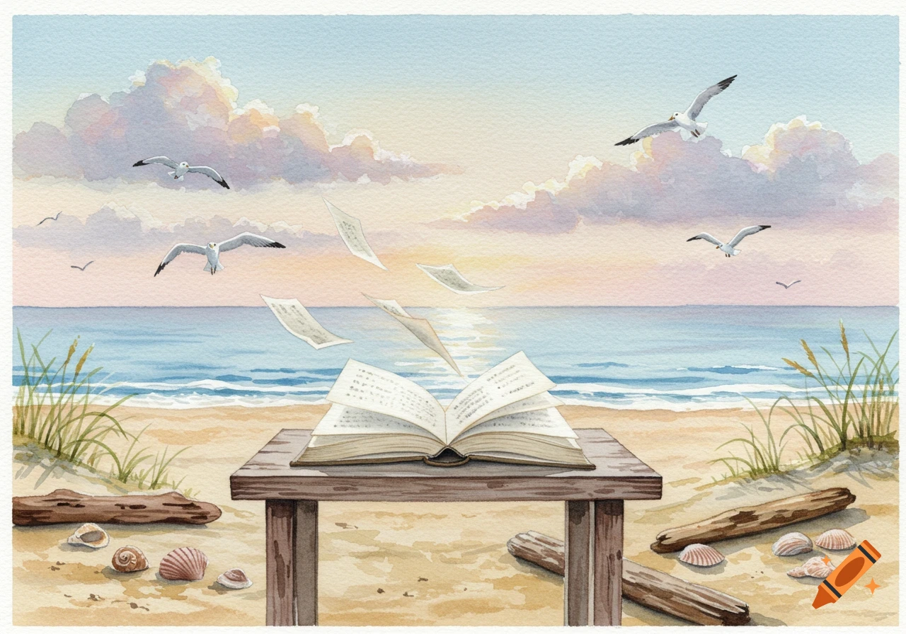 A watercolor painting of an open book on a wooden table on a sandy beach at sunset, with pages blowing away and seagulls flying overhead.