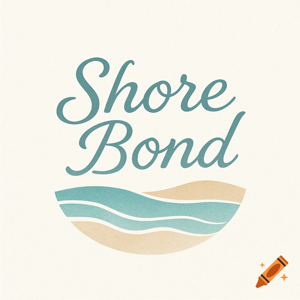 Logo for Shore Bond with text over stylized blue waves and beige sand.