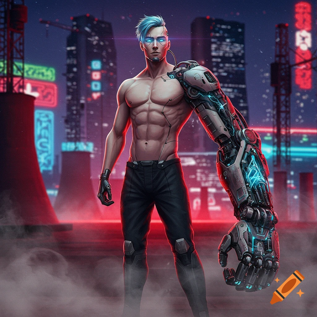 Anime style muscular cyborg man with blue hair and glowing eyes, a large mechanical arm, standing in a neon-lit cyberpunk city at night.