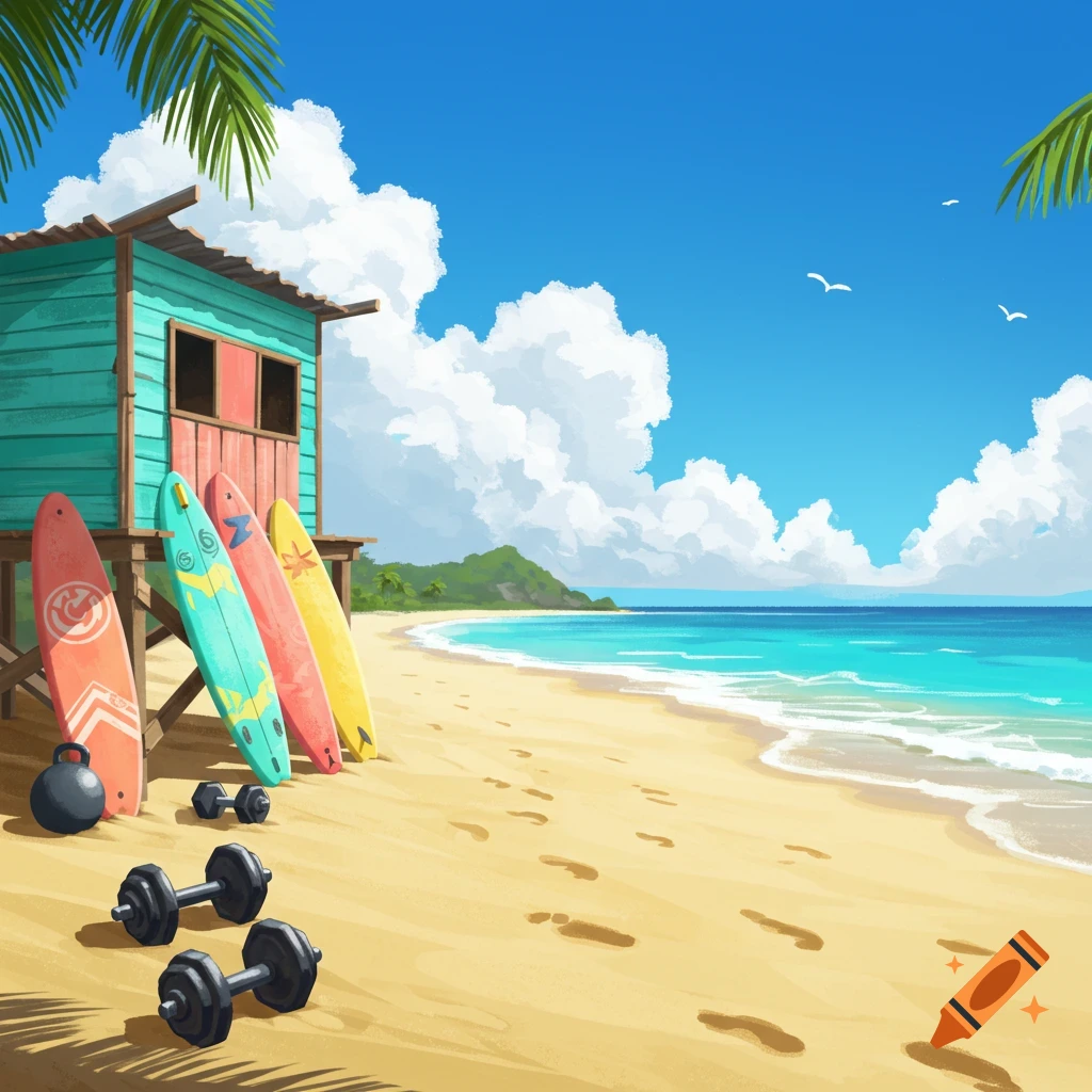 A colorful illustrative beach scene with a rustic surf shack, surfboards, and dumbbells on the sand under a blue sky.