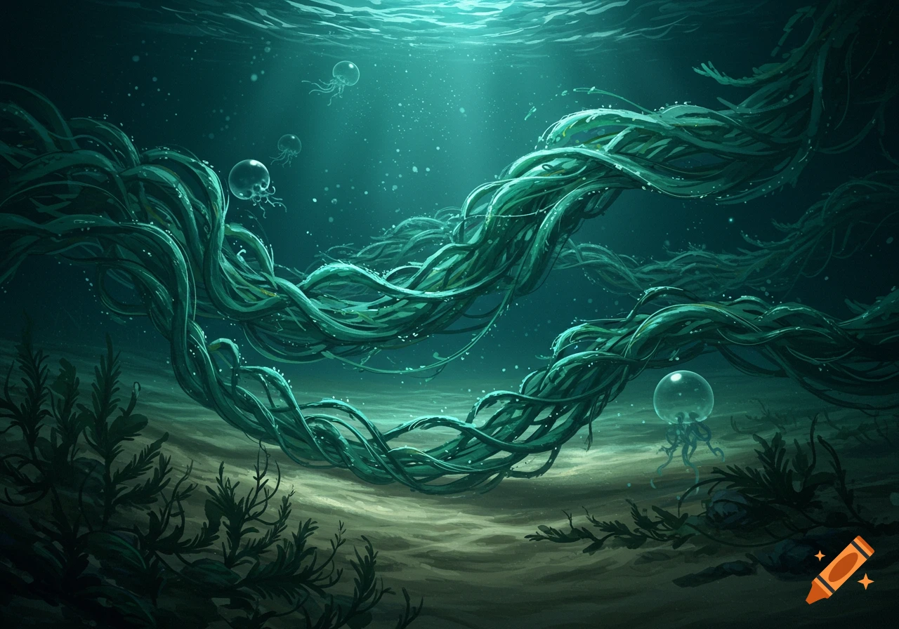 Underwater scene with glowing jellyfish and long, flowing kelp stalks on the sandy seabed.