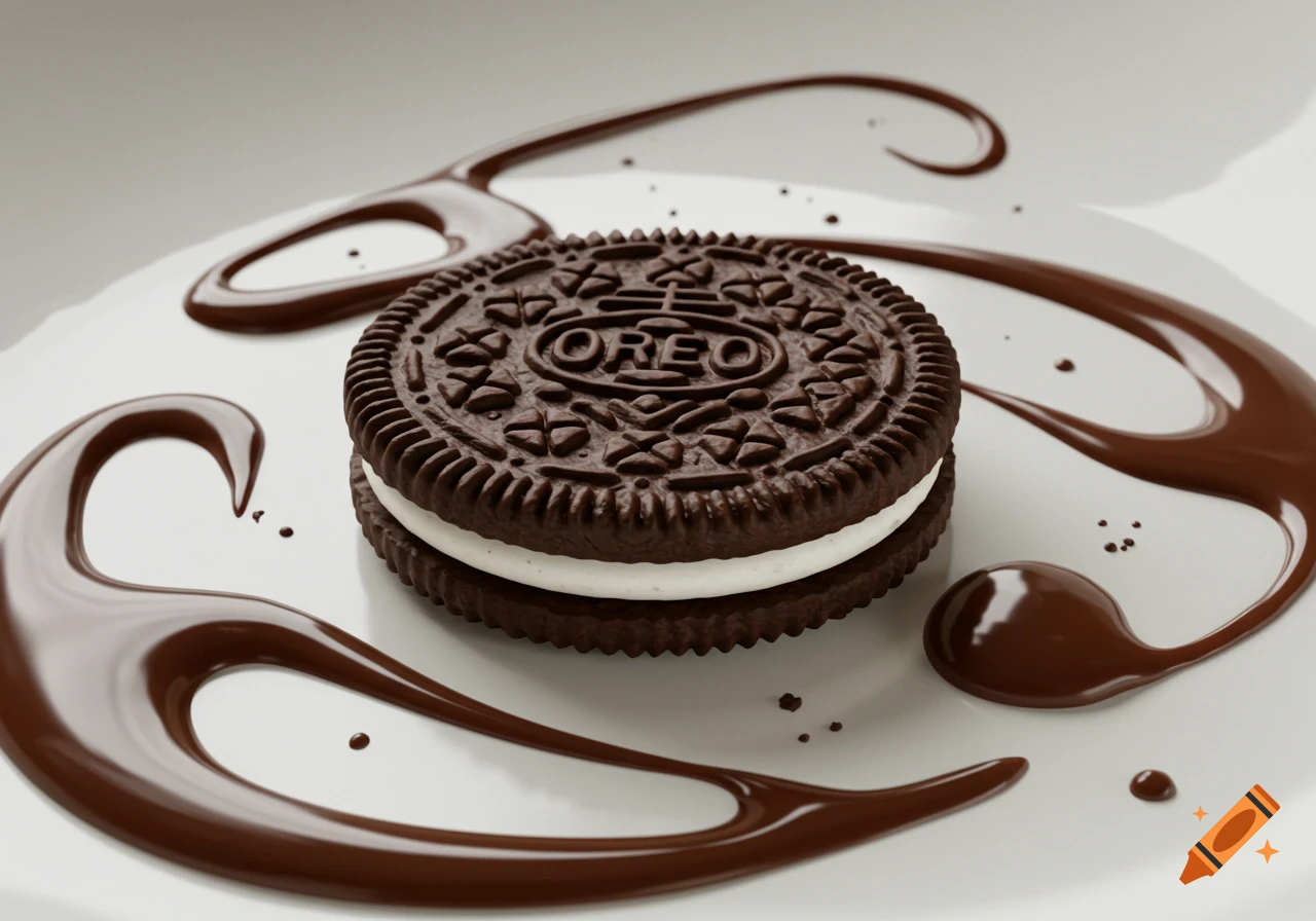 A photorealistic Oreo cookie sits on a white surface with chocolate syrup swirled around it.