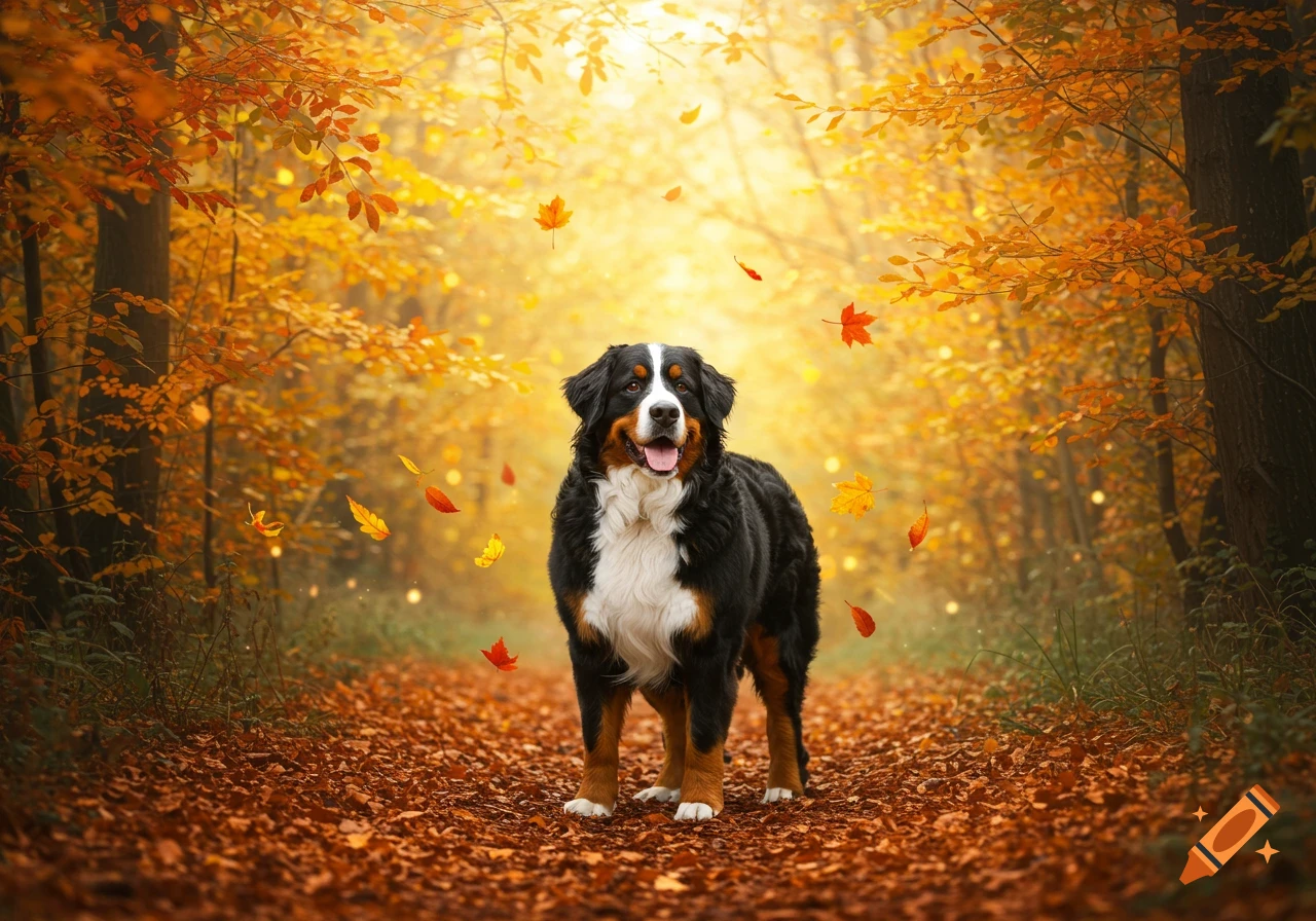 A photorealistic Bernese Mountain Dog stands on a forest path covered in vibrant orange and red autumn leaves, with bright sunlight filtering through the trees.
